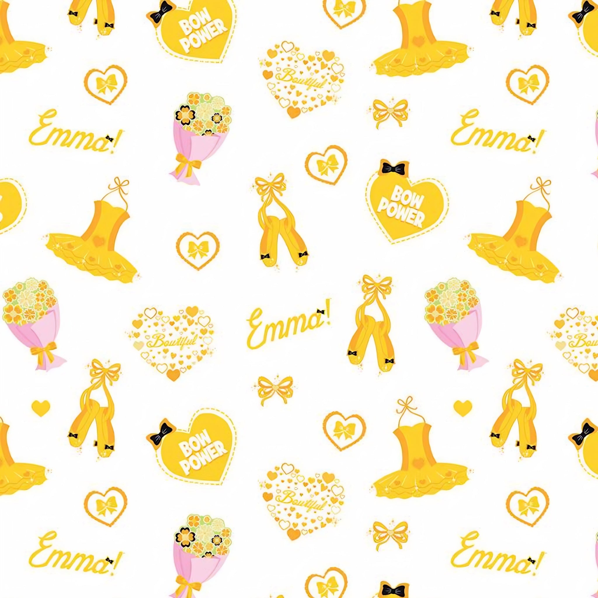 Emma Wiggle ballet icons white yellow tutus ballet shoes bows Bow Power hearts novelty kids quilting fabric children's quilts dance bags patchwork projects
