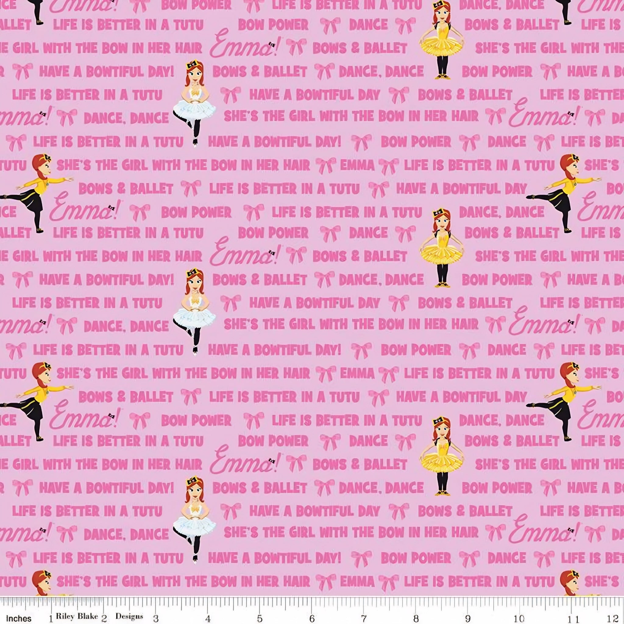 Emma Wiggle text print pink Bow Power Bows Ballet Life Is Better In A Tutu novelty kids quilting fabric children's quilts dance bags patchwork projects