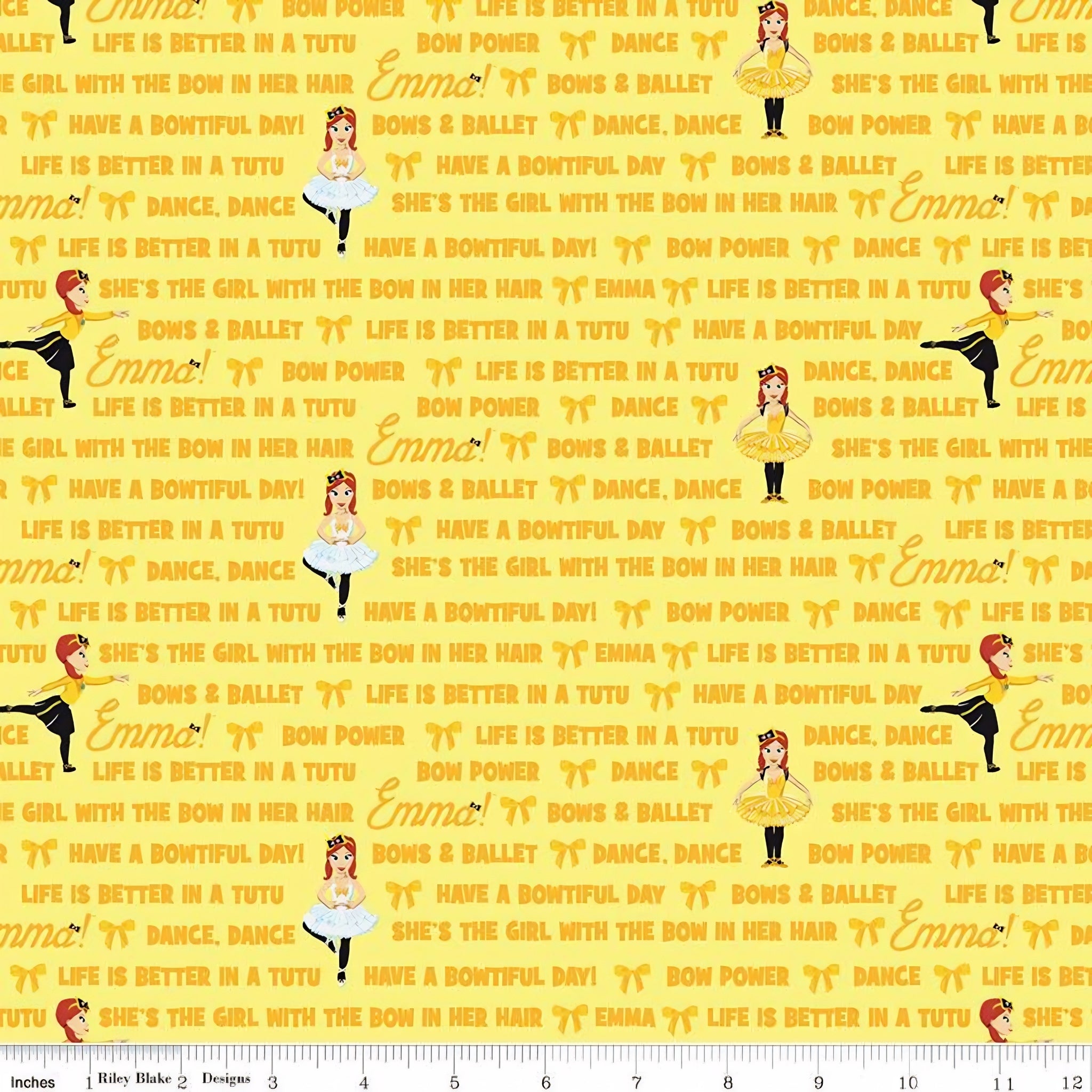Emma Wiggle text print yellow Bow Power Bows Ballet Life Is Better In A Tutu novelty kids quilting fabric children's quilts dance bags patchwork projects