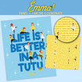Emma Wiggle Life Is Better In A Tutu blue ballet panel and yellow text coordinate fabric bundle Riley Blake children's quilts and Wiggles gifts