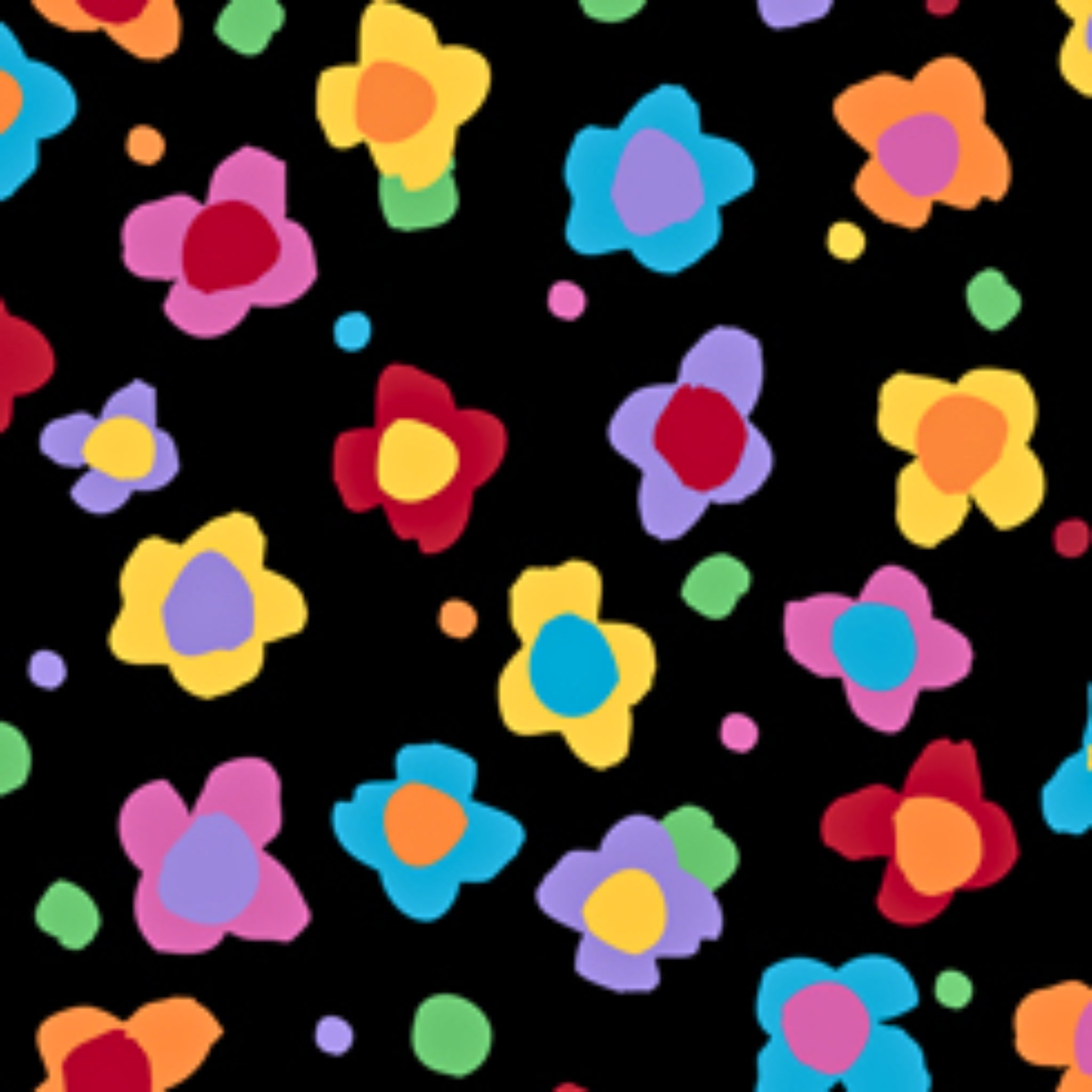 Playful painted flowers vibrant multicolour black fabric for children's quilts and nursery décor
