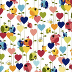 Evie bird hearts allover white multi rainbow novelty kids quilting fabric children's quilts baby nursery projects