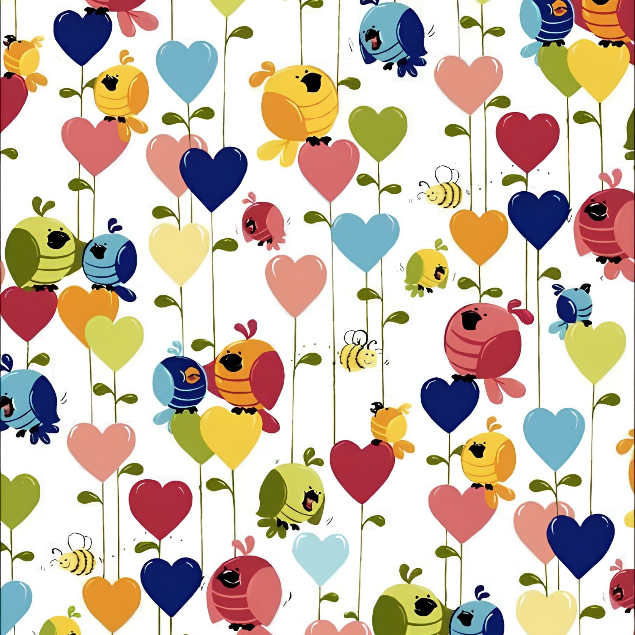 Evie bird hearts allover white multi rainbow novelty kids quilting fabric children's quilts baby nursery projects