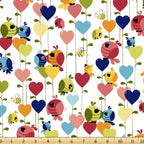 Evie bird hearts allover white multi rainbow novelty kids quilting fabric children's quilts baby nursery projects