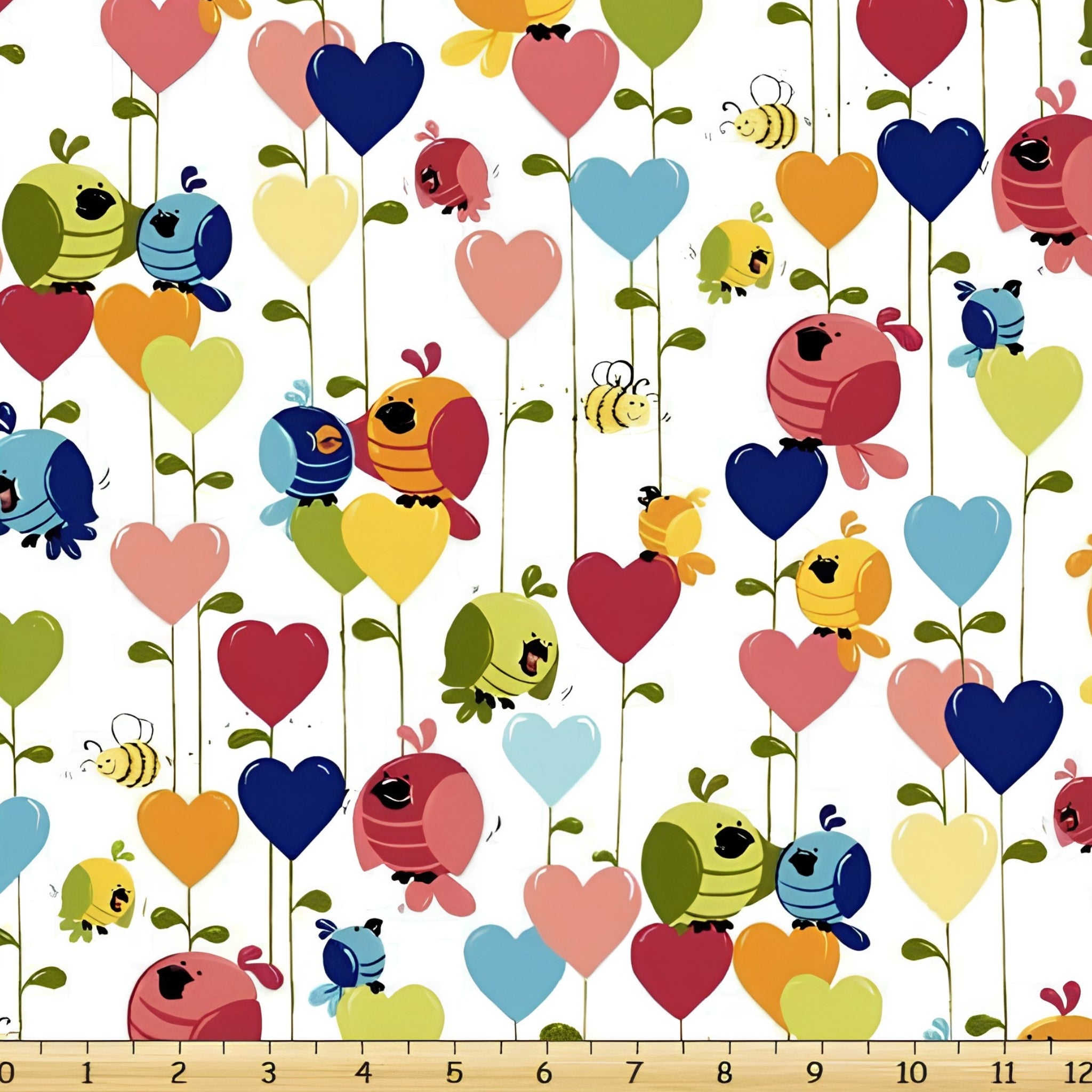 Evie bird hearts allover white multi rainbow novelty kids quilting fabric children's quilts baby nursery projects