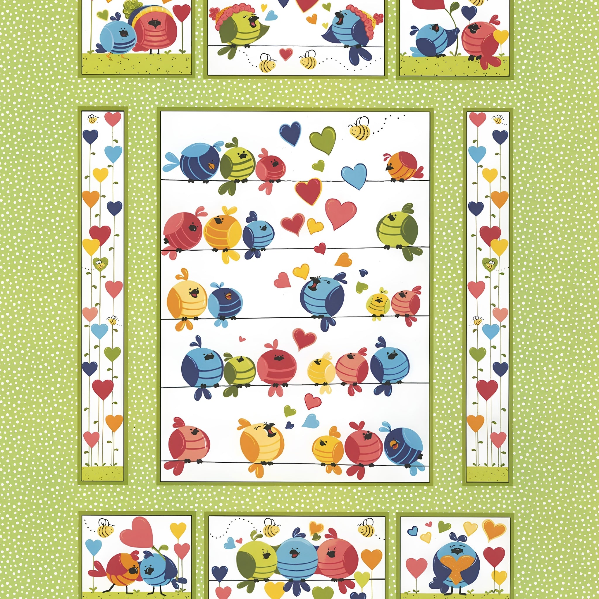 Evie bird quilt panel green multi birds on wires hearts bees novelty kids quilting fabric children's quilts nursery wall hangings