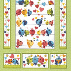 Evie bird quilt panel green multi birds on wires hearts bees novelty kids quilting fabric children's quilts nursery wall hangings