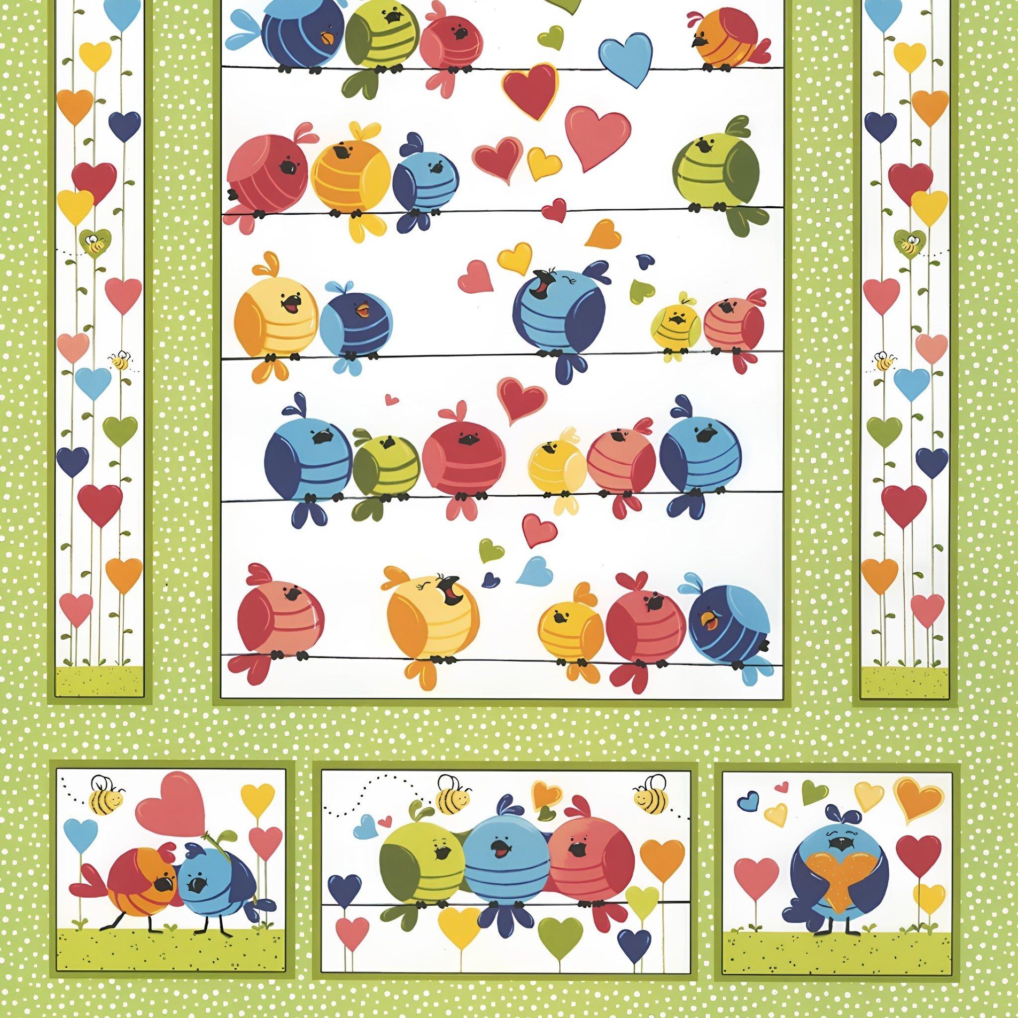 Evie bird quilt panel green multi birds on wires hearts bees novelty kids quilting fabric children's quilts nursery wall hangings