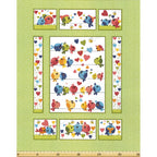 Evie bird quilt panel green multi birds on wires hearts bees novelty kids quilting fabric children's quilts nursery wall hangings