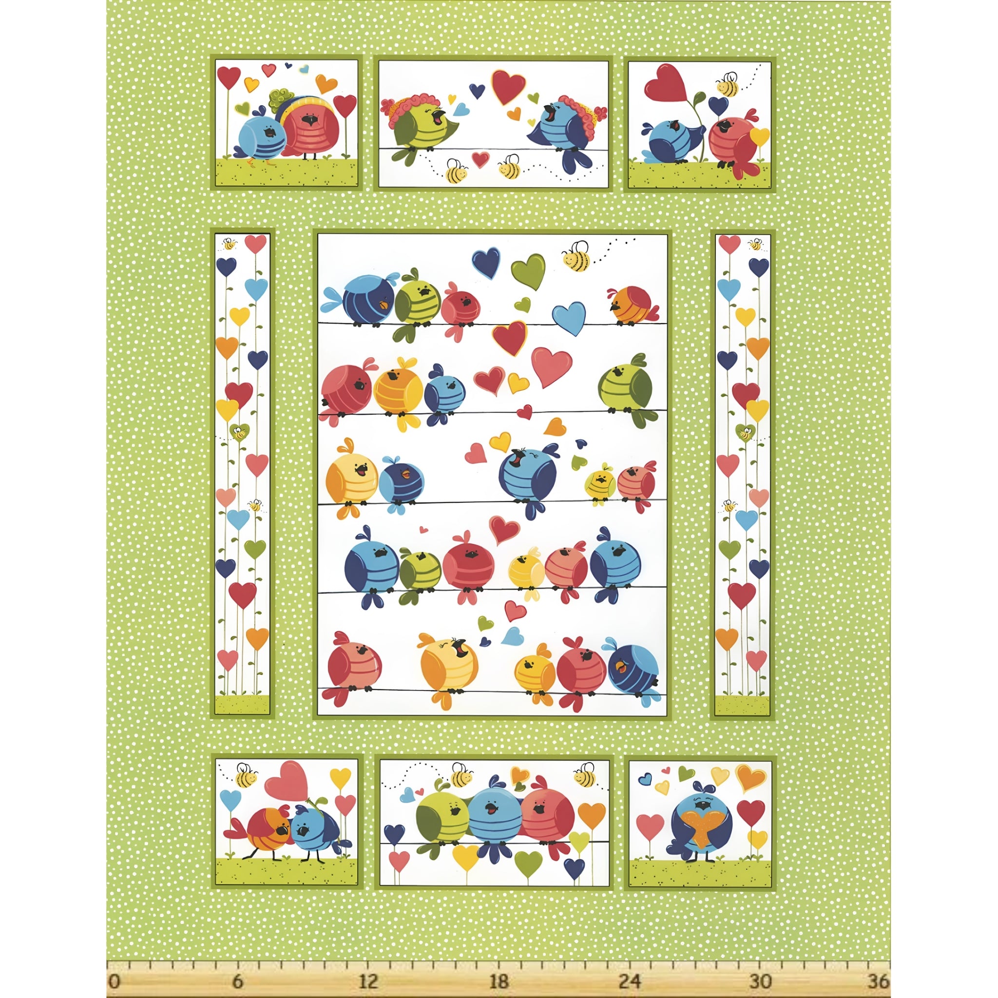 Evie bird quilt panel green multi birds on wires hearts bees novelty kids quilting fabric children's quilts nursery wall hangings