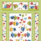 Evie bird quilt panel green multi birds on wires hearts bees novelty kids quilting fabric children's quilts nursery wall hangings