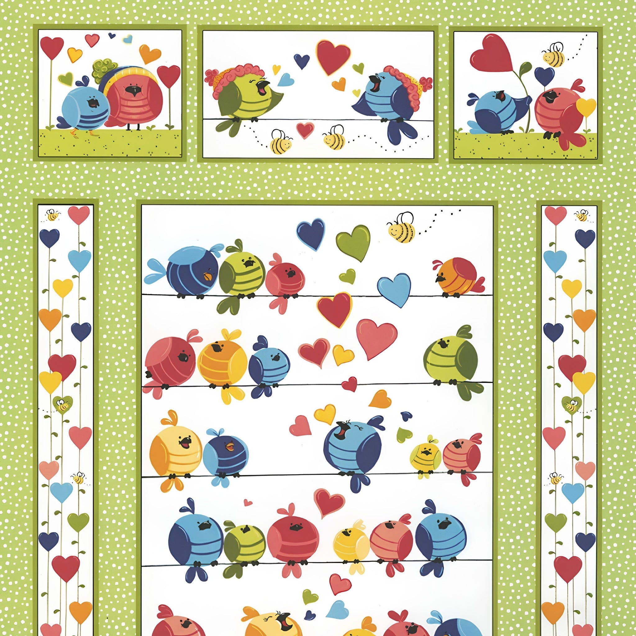 Evie bird quilt panel green multi birds on wires hearts bees novelty kids quilting fabric children's quilts nursery wall hangings