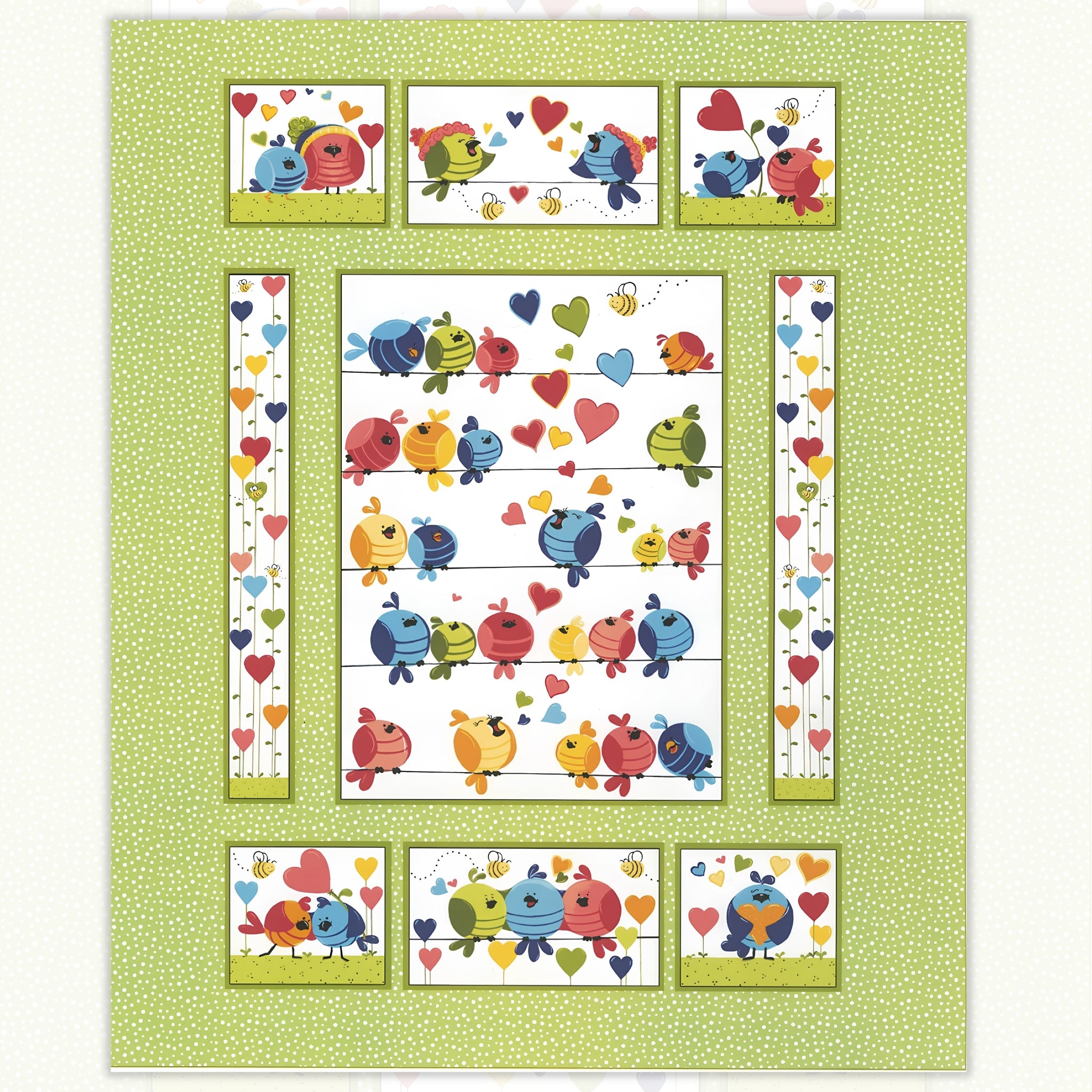 Evie bird quilt panel green multi birds on wires hearts bees novelty kids quilting fabric children's quilts nursery wall hangings