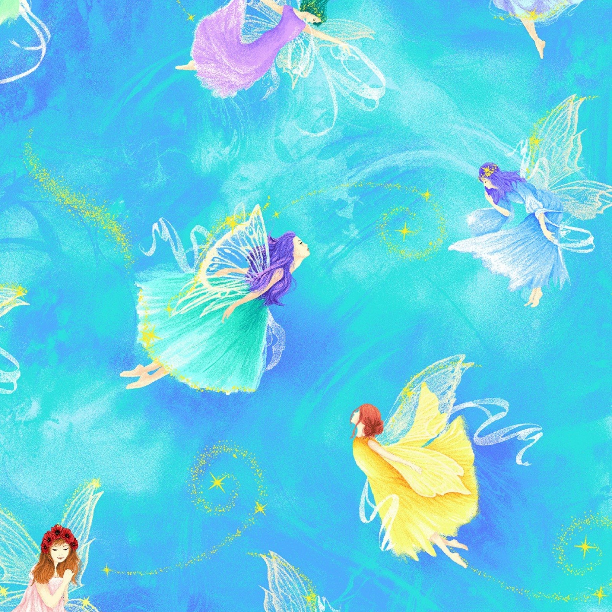Enchanting fairies aqua watercolour fabric for children's quilts, nursery décor and whimsical patchwork sewing projects