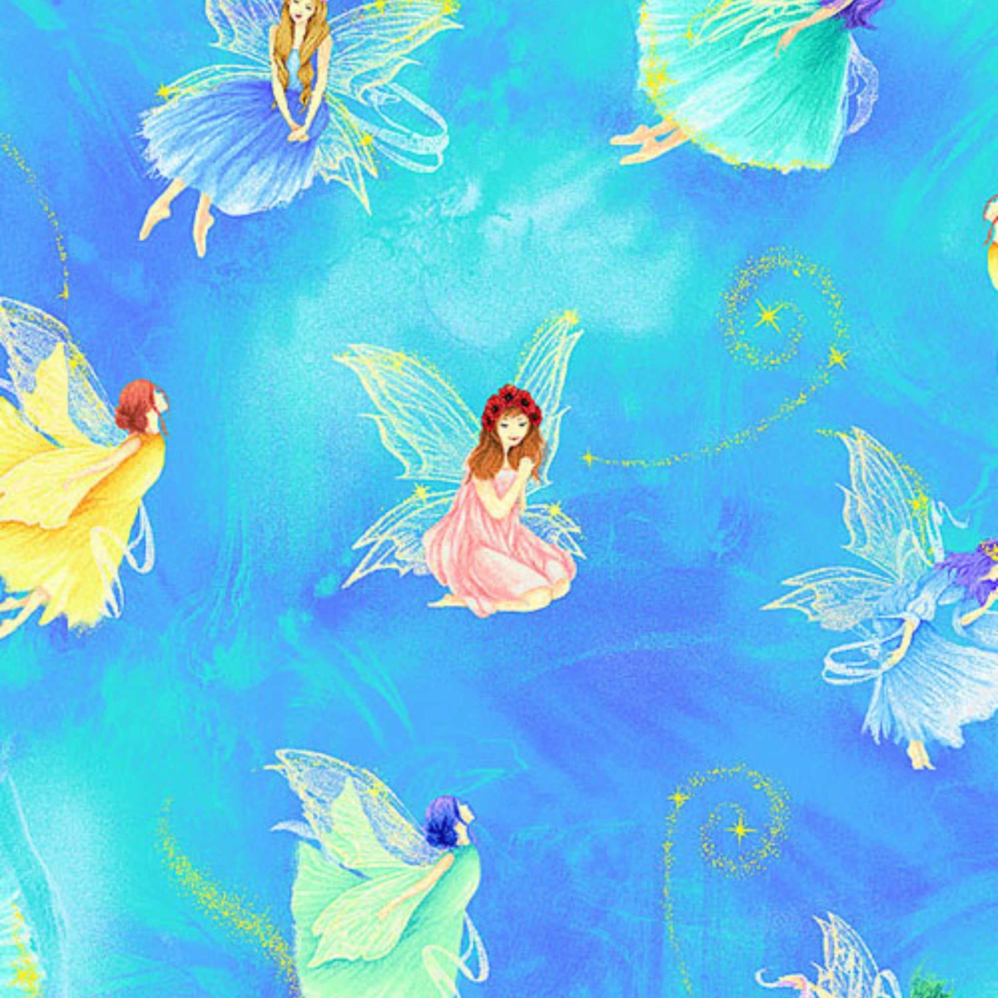 Enchanting fairies aqua watercolour fabric for children's quilts, nursery décor and whimsical patchwork sewing projects