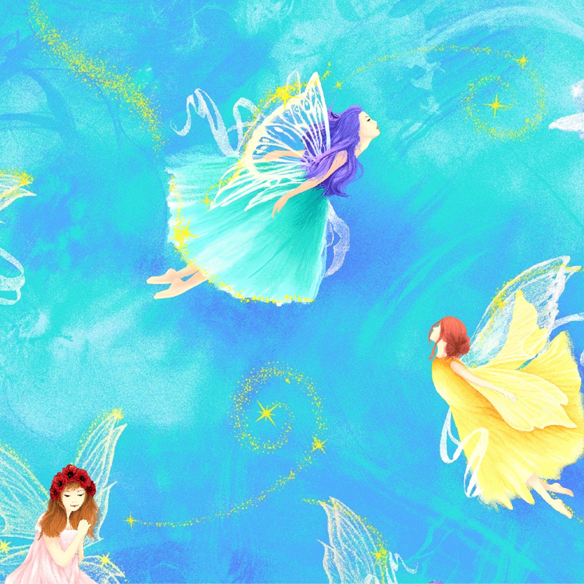 Fairy fantasy digital print fairies pink yellow turquoise purple aqua watercolour fabric for children's quilts nursery decor and girls sewing projects