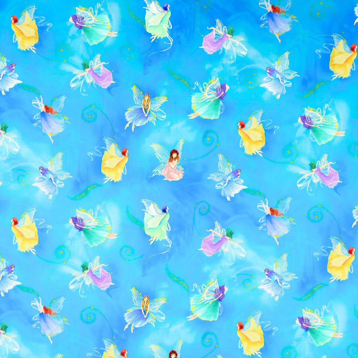 Fairy fantasy digital print fairies pink yellow turquoise purple aqua watercolour fabric for children's quilts nursery decor and girls sewing projects