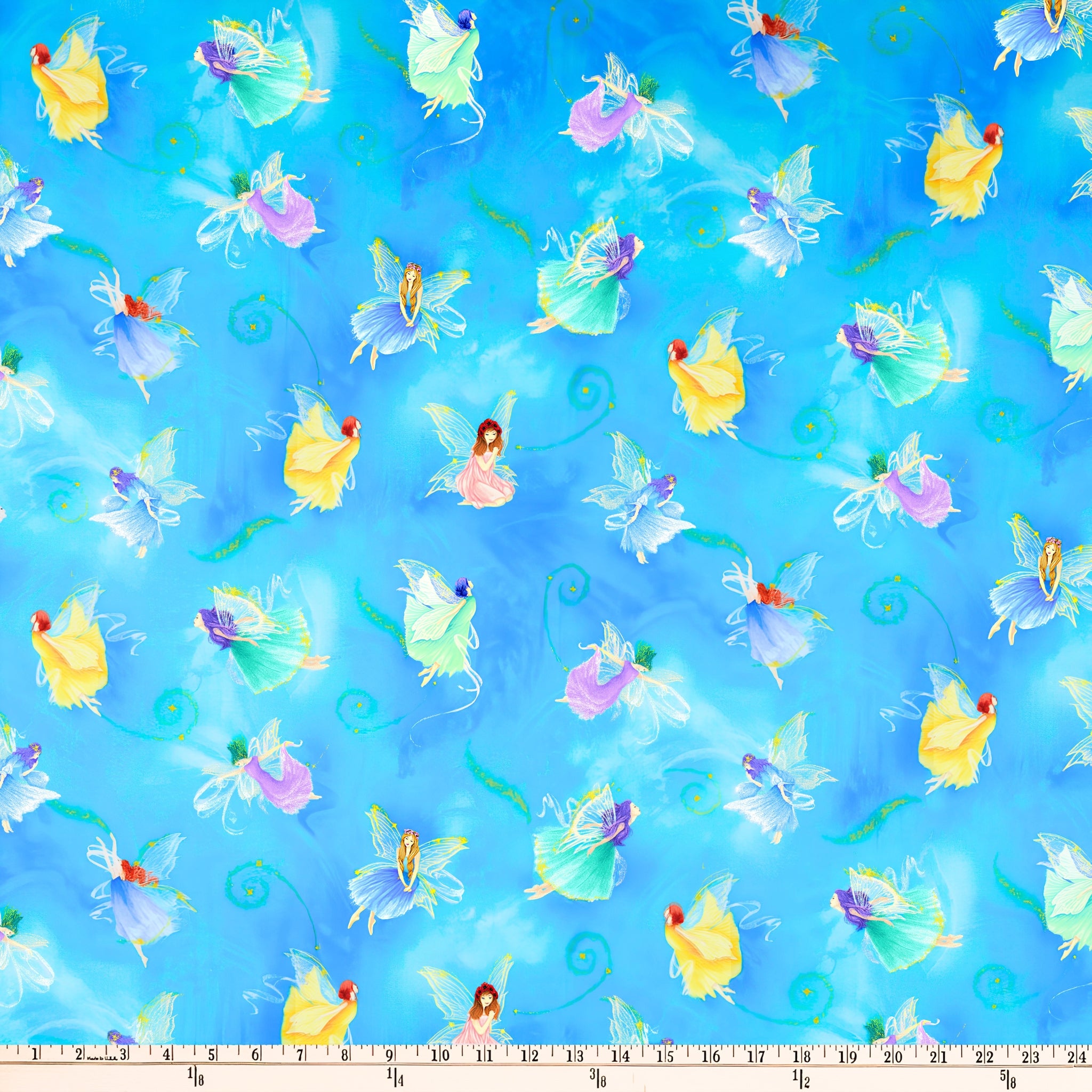 Fairy fantasy digital print fairies pink yellow turquoise purple aqua watercolour fabric for children's quilts nursery decor and girls sewing projects