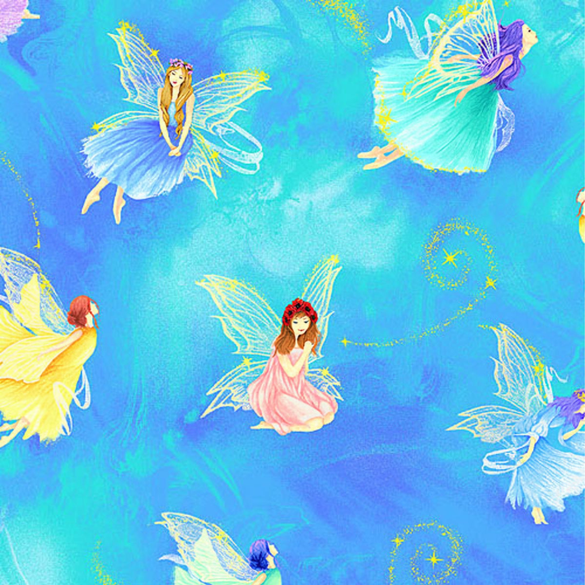 Fairy fantasy digital print fairies pink yellow turquoise purple aqua watercolour fabric for children's quilts nursery decor and girls sewing projects
