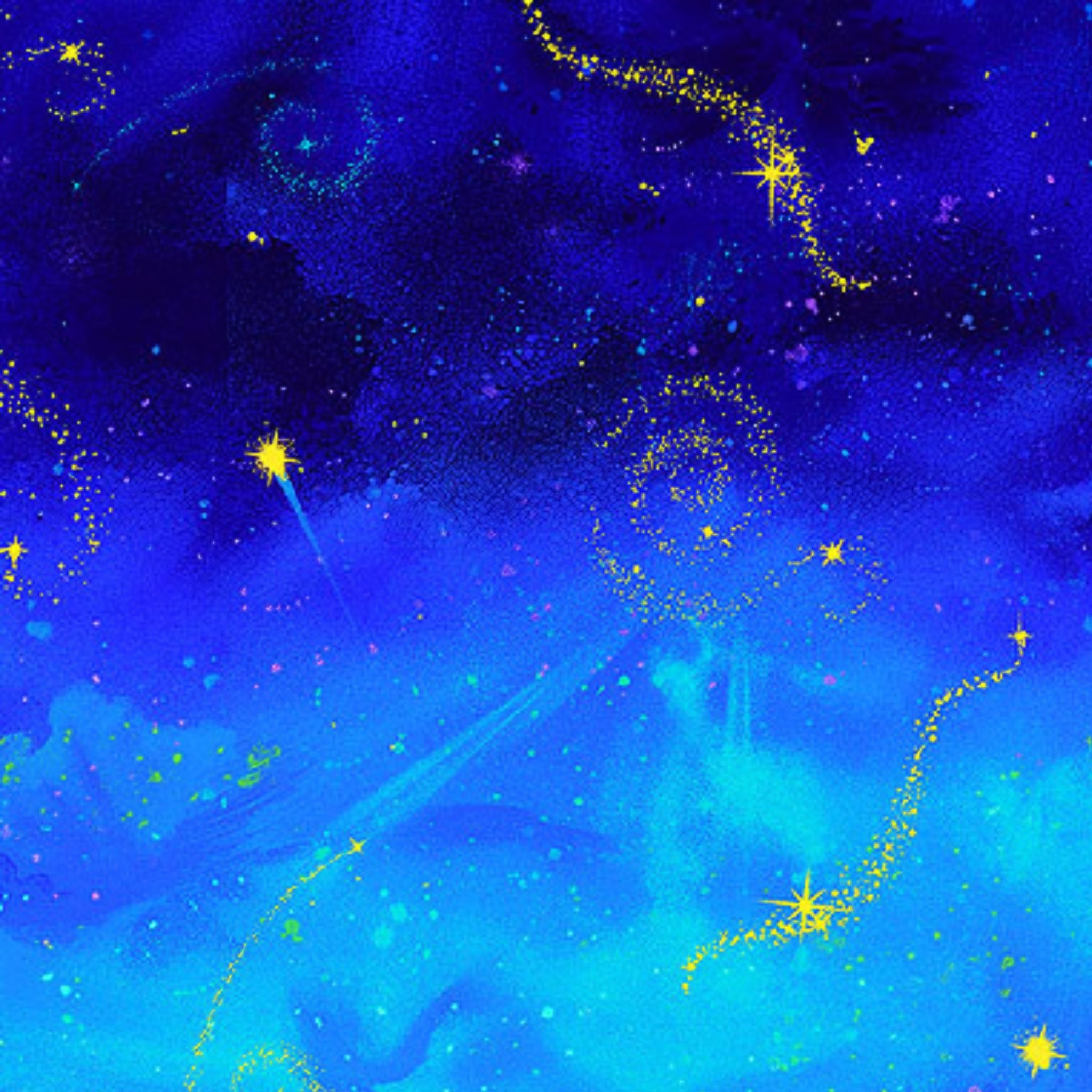 Night sky watercolour digital print royal blue turquoise golden stars fairy dust fabric for children's quilts nursery decor and magical patchwork sewing projects