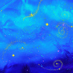Night sky watercolour digital print royal blue turquoise golden stars fairy dust fabric for children's quilts nursery decor and magical patchwork sewing projects