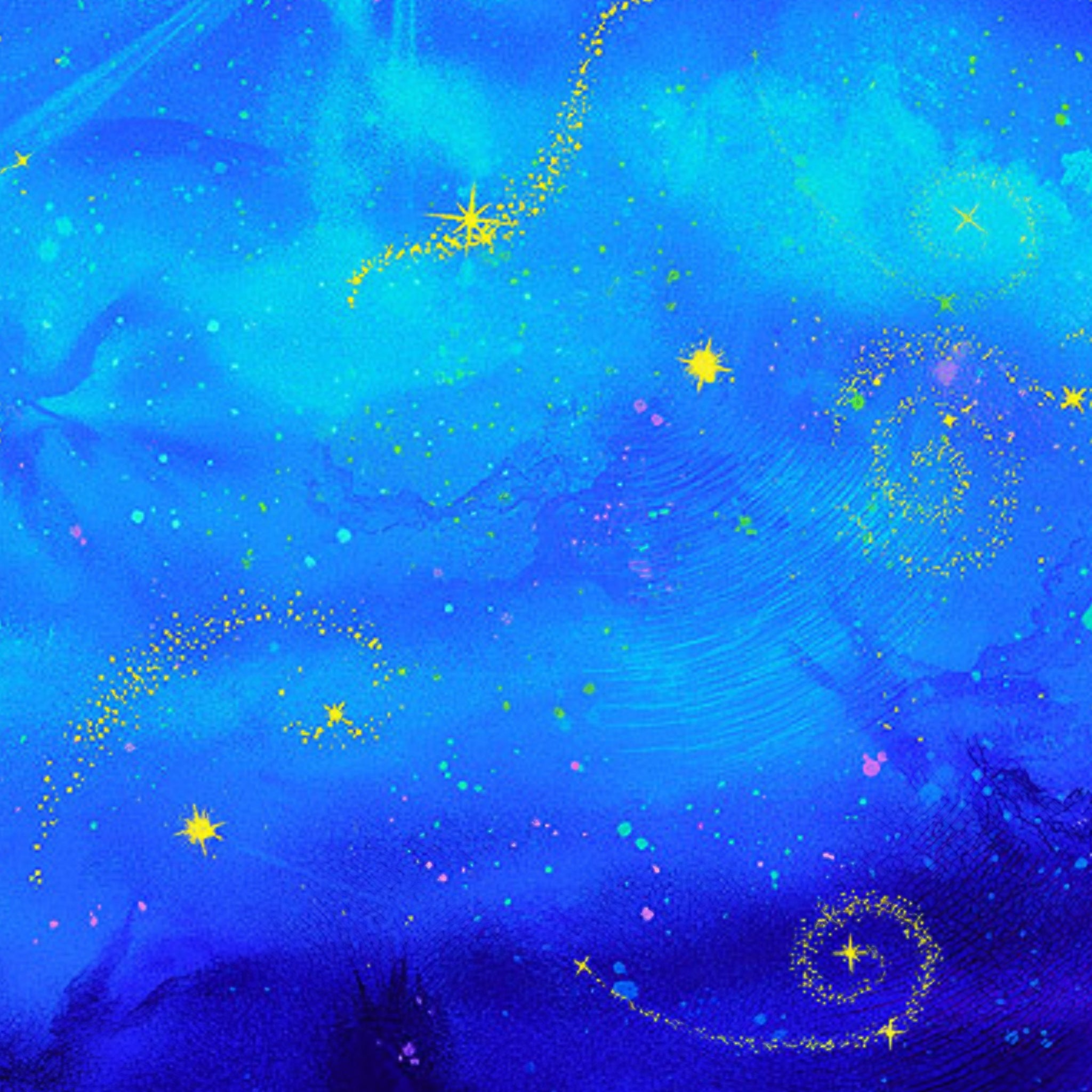 Night sky watercolour digital print royal blue turquoise golden stars fairy dust fabric for children's quilts nursery decor and magical patchwork sewing projects