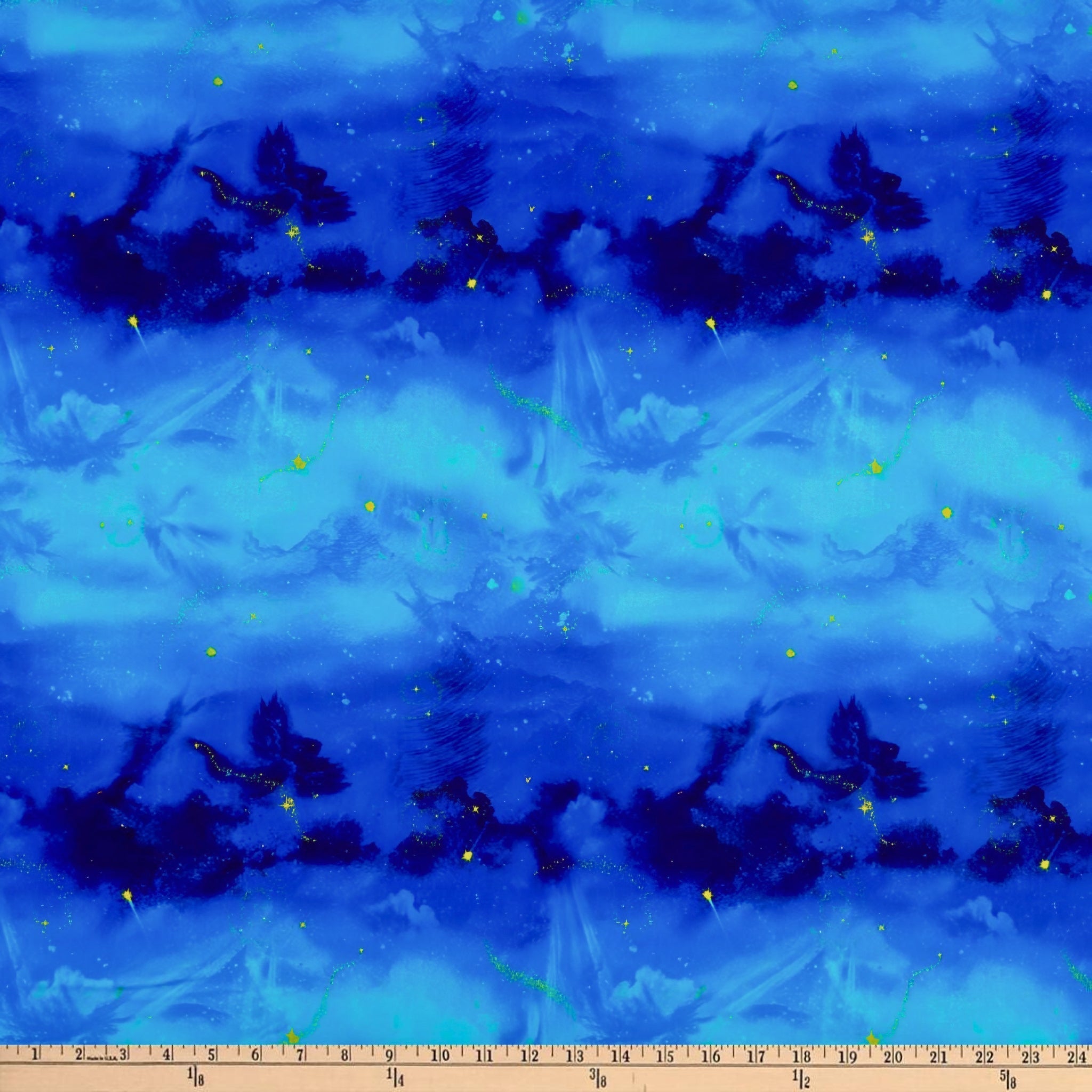 Night sky watercolour digital print royal blue turquoise golden stars fairy dust fabric for children's quilts nursery decor and magical patchwork sewing projects