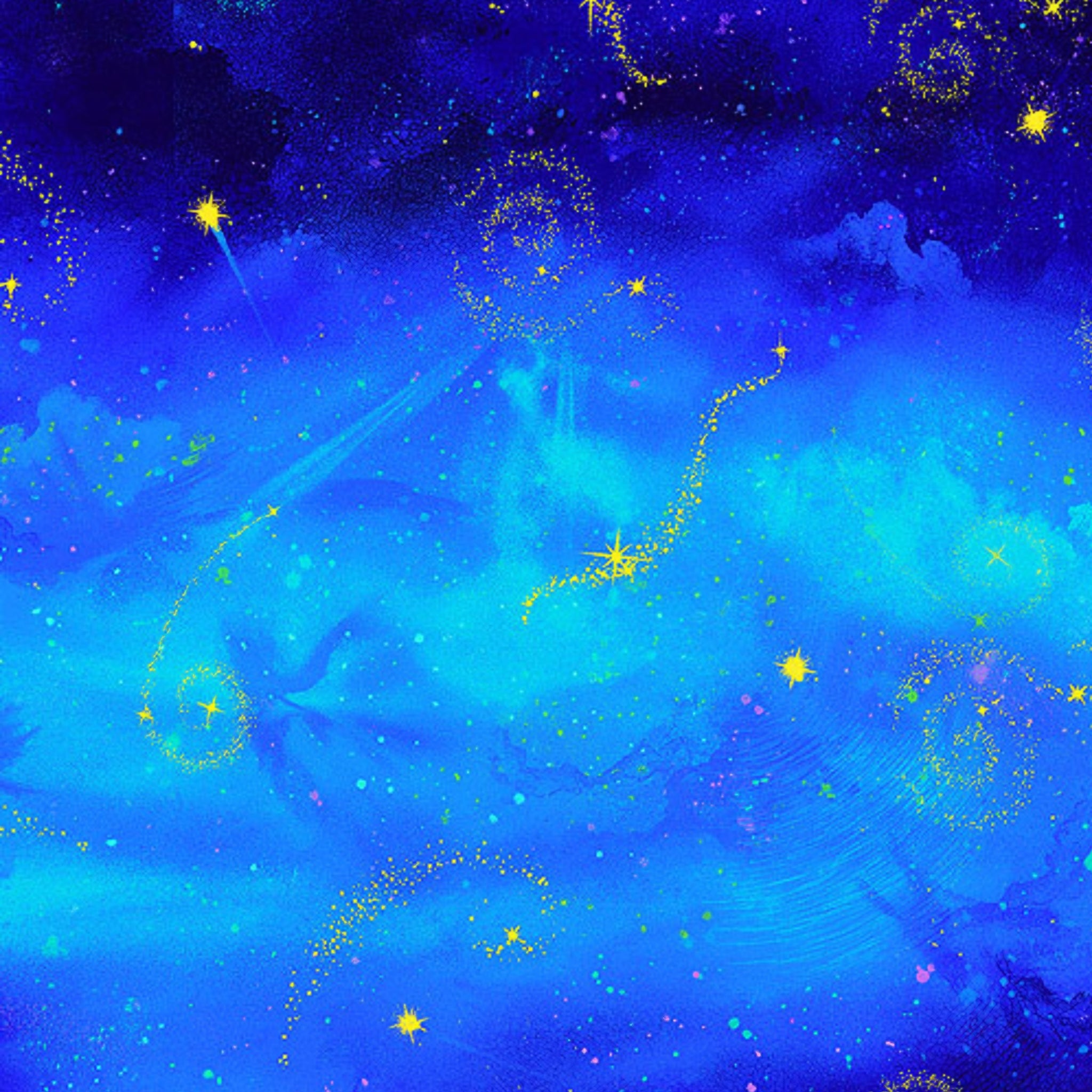 Night sky watercolour digital print royal blue turquoise golden stars fairy dust fabric for children's quilts nursery decor and magical patchwork sewing projects