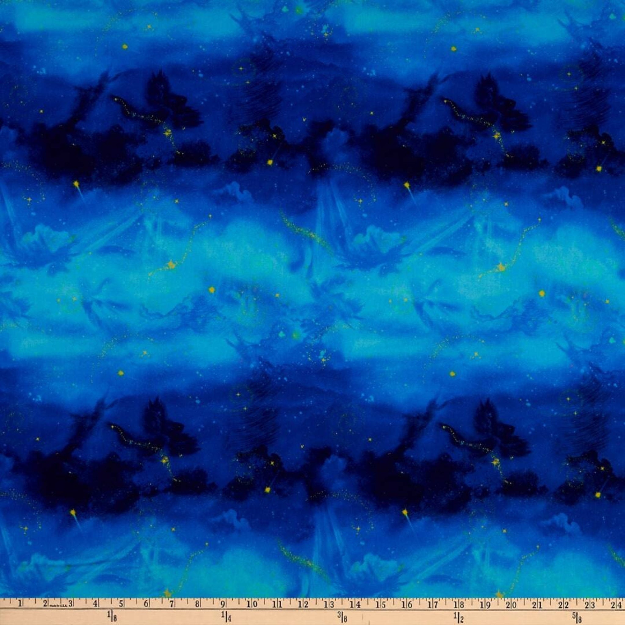 Watercolour night sky royal blue golden stars fairy dust fabric for children's quilts and nursery décor