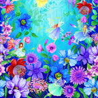 Enchanting fairy panel aqua watercolour vibrant florals fabric for children's quilts and nursery wall hangings