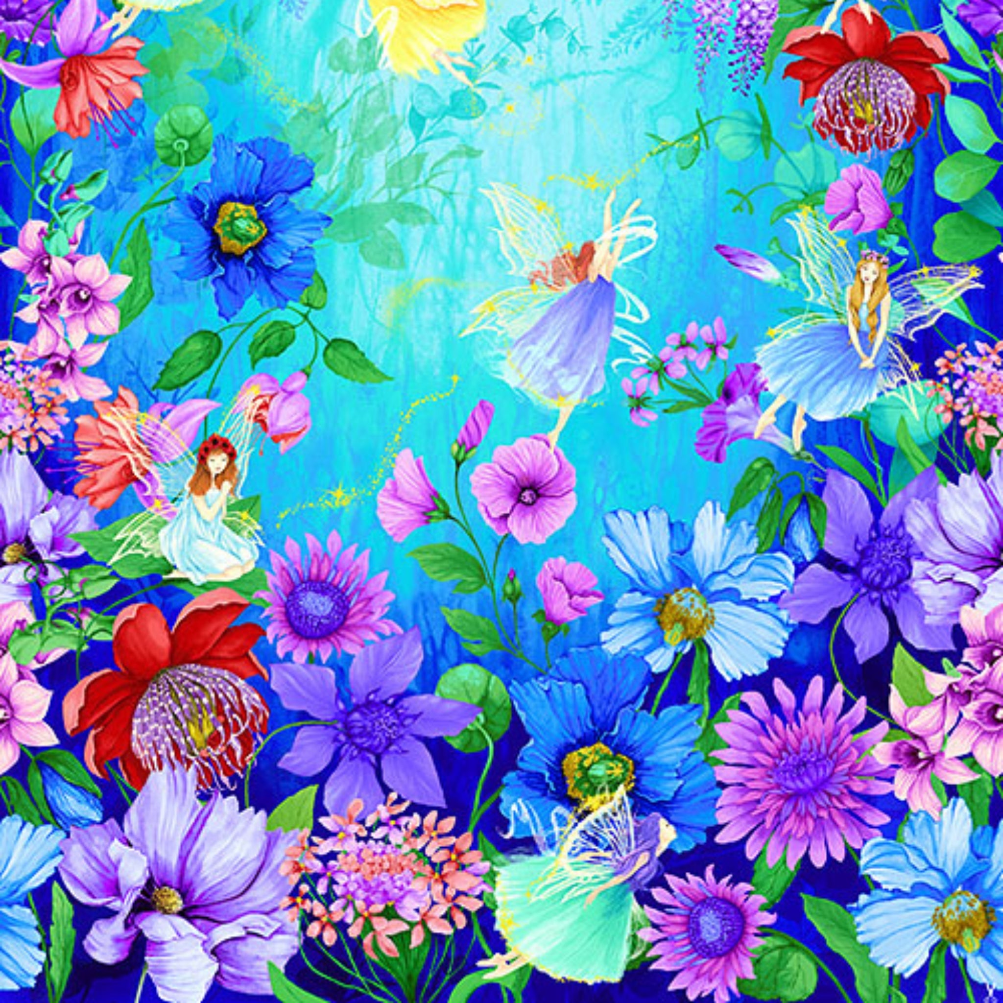 Enchanting fairy panel aqua watercolour vibrant florals fabric for children's quilts and nursery wall hangings