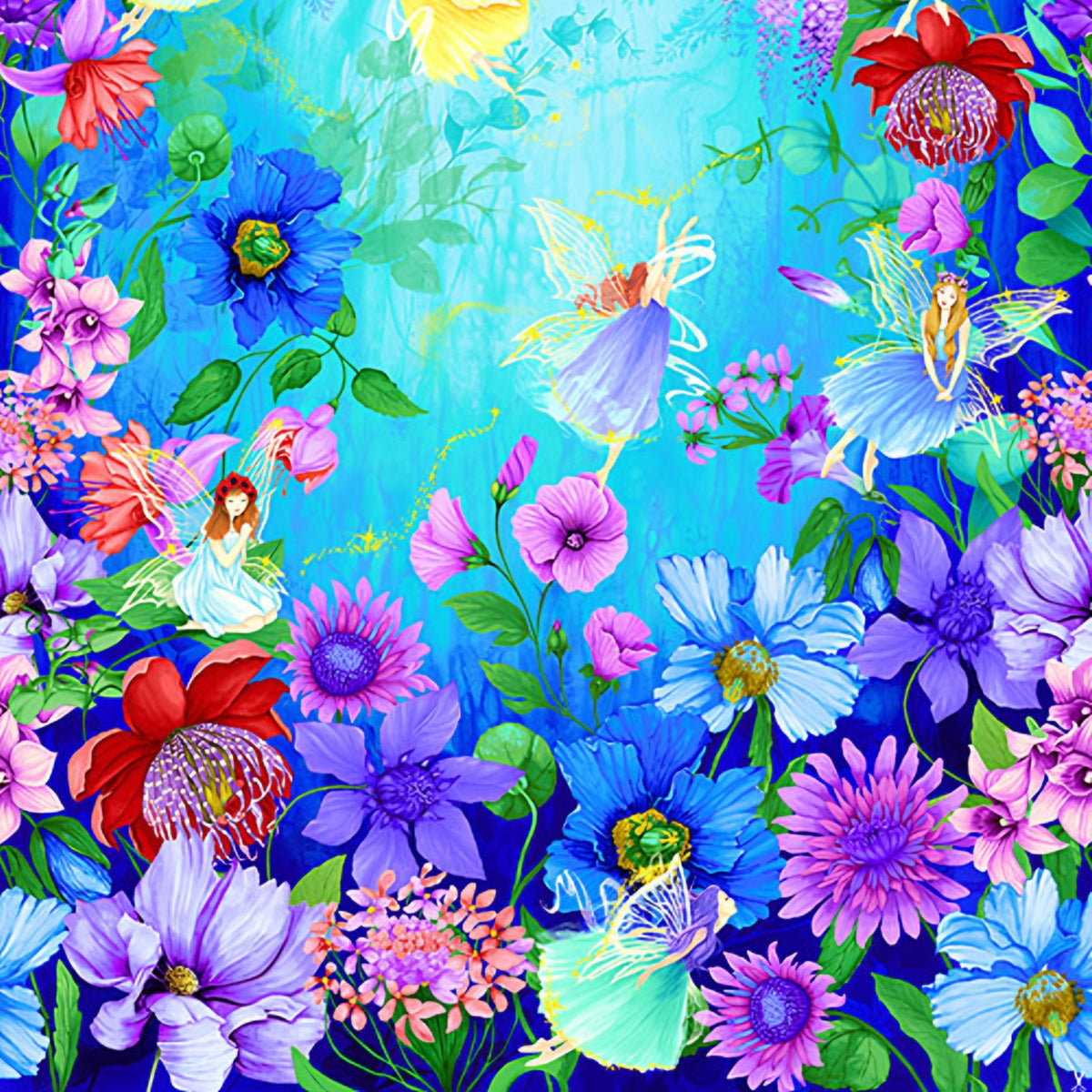 Fairy fantasy panel fairies pink yellow turquoise purple gowns blue purple pink floral border aqua watercolour sky for children's quilts nursery wall hangings and girls sewing projects