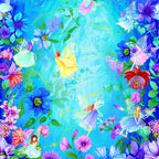 Fairy fantasy panel fairies pink yellow turquoise purple gowns blue purple pink floral border aqua watercolour sky for children's quilts nursery wall hangings and girls sewing projects