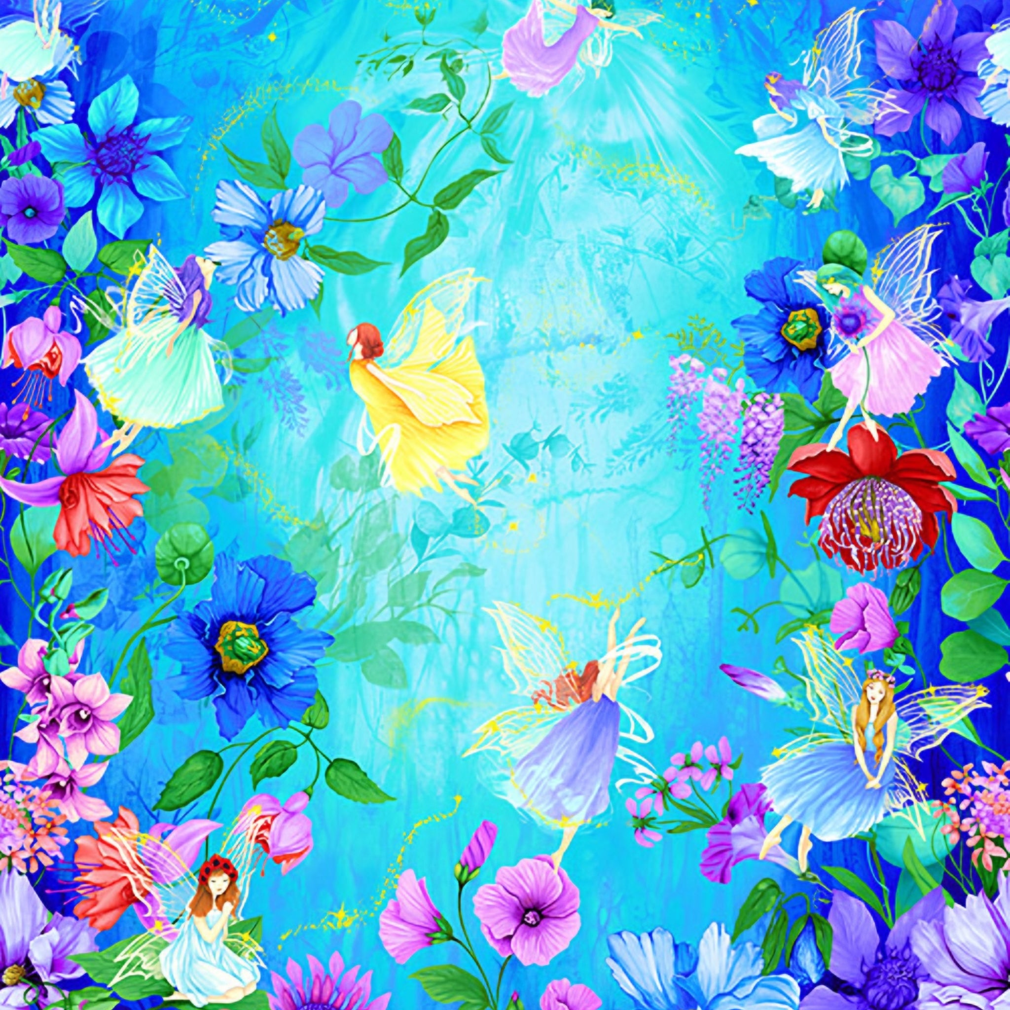 Fairy fantasy panel fairies pink yellow turquoise purple gowns blue purple pink floral border aqua watercolour sky for children's quilts nursery wall hangings and girls sewing projects