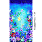 Fairy fantasy panel fairies pink yellow turquoise purple gowns blue purple pink floral border aqua watercolour sky for children's quilts nursery wall hangings and girls sewing projects