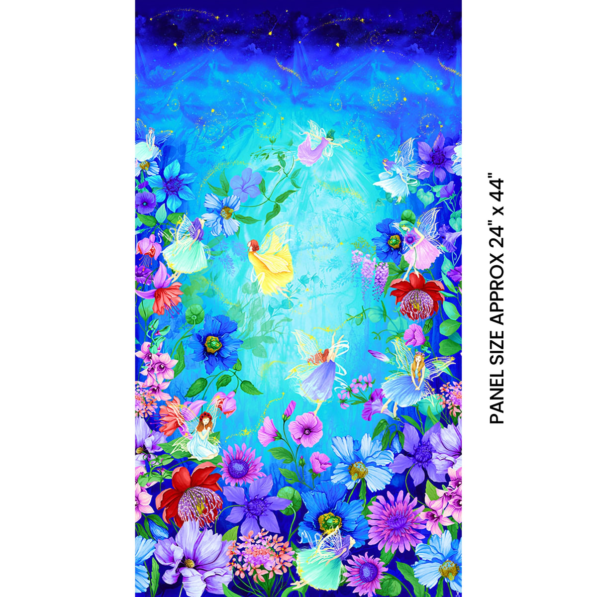 Fairy fantasy panel fairies pink yellow turquoise purple gowns blue purple pink floral border aqua watercolour sky for children's quilts nursery wall hangings and girls sewing projects