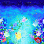 Fairy fantasy panel fairies pink yellow turquoise purple gowns blue purple pink floral border aqua watercolour sky for children's quilts nursery wall hangings and girls sewing projects