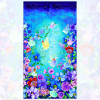 Fairy fantasy panel fairies pink yellow turquoise purple gowns blue purple pink floral border aqua watercolour sky for children's quilts nursery wall hangings and girls sewing projects