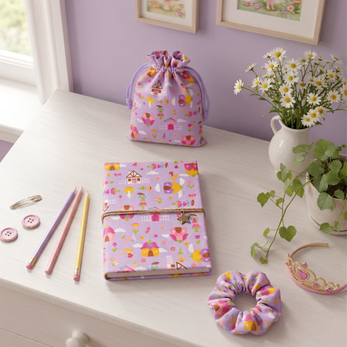Purple Fairy Garden fabric book cover drawstring pouch and scrunchie for girls sewing and handmade gift inspiration
