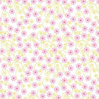 Pink ditsy flowers with pale yellow curling swirls on white Fairy Garden fabric for girls quilts nursery décor and patchwork sewing projects