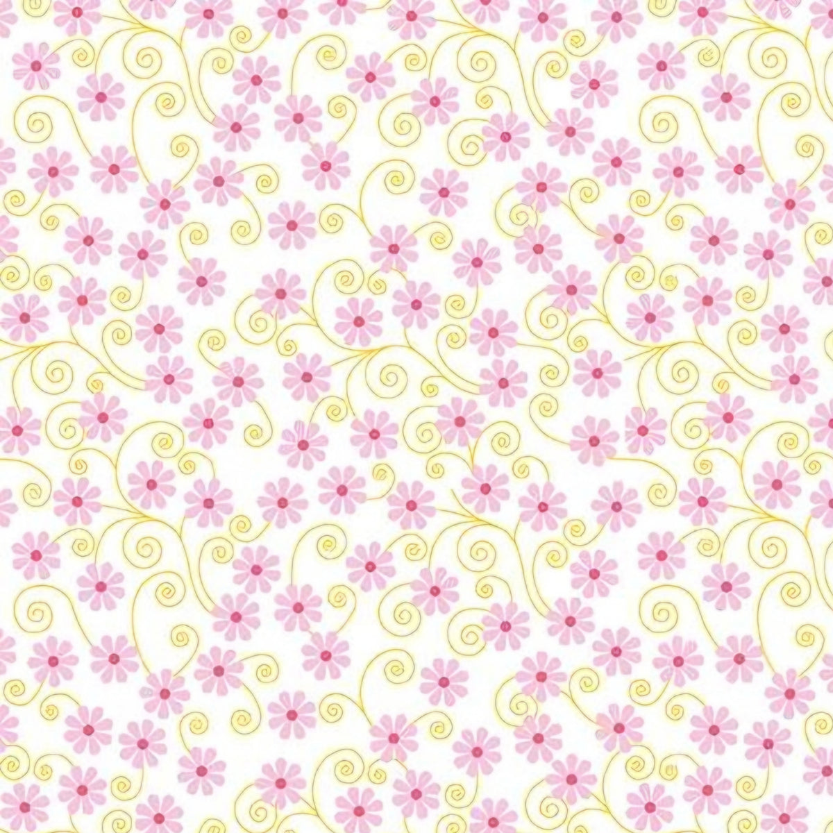 Pink ditsy flowers with pale yellow curling swirls on white Fairy Garden fabric for girls quilts nursery décor and patchwork sewing projects