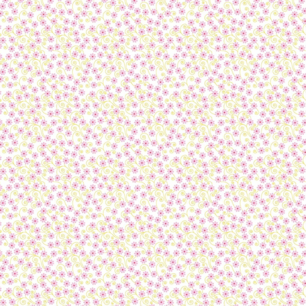 Pink ditsy flowers with pale yellow curling swirls on white Fairy Garden fabric for girls quilts nursery décor and patchwork sewing projects