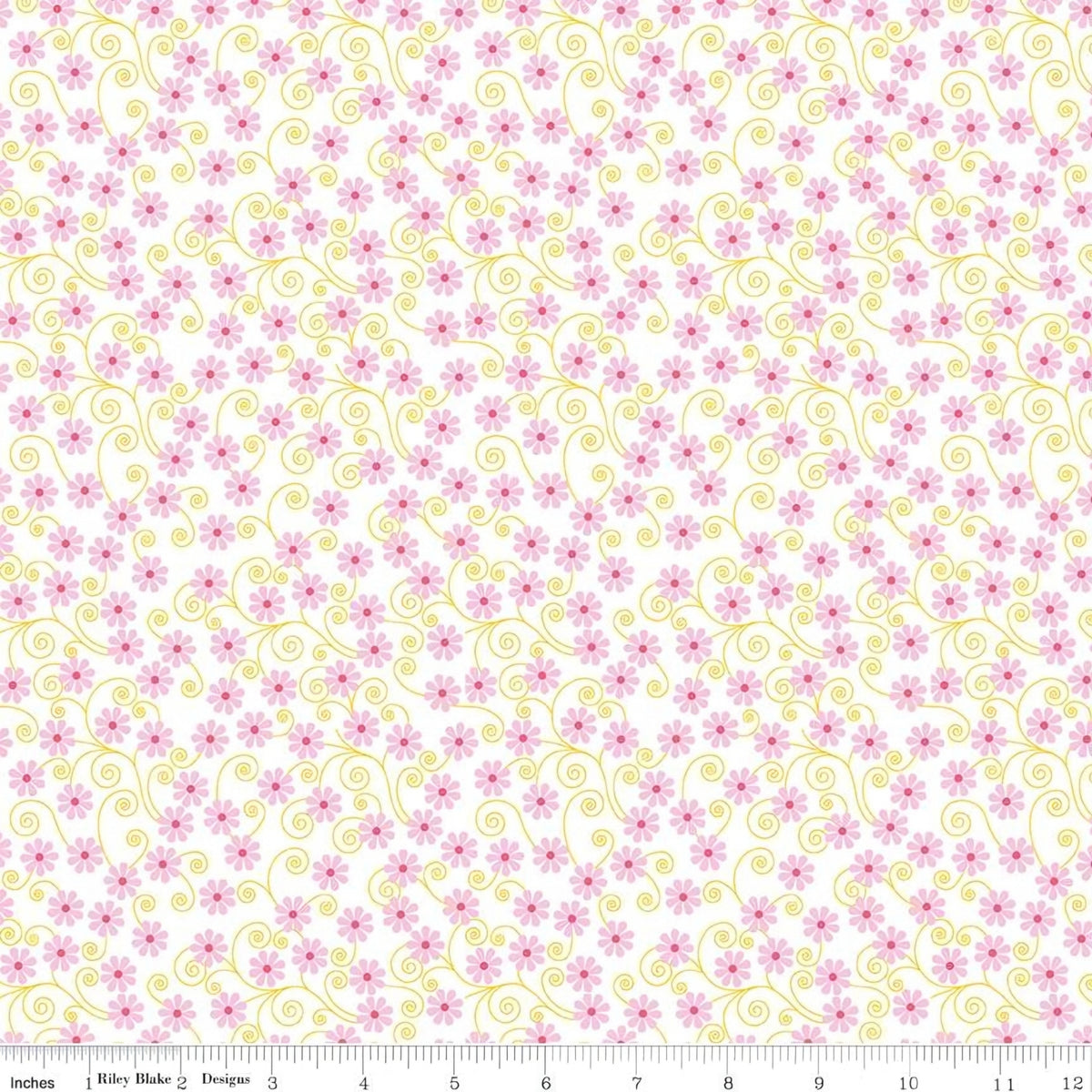 Pink ditsy flowers with pale yellow curling swirls on white Fairy Garden fabric for girls quilts nursery décor and patchwork sewing projects