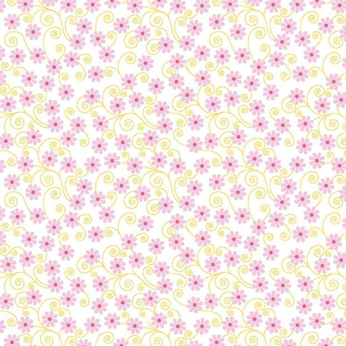 Pink ditsy flowers with pale yellow curling swirls on white Fairy Garden fabric for girls quilts nursery décor and patchwork sewing projects