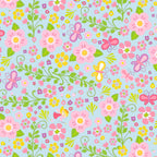 Tiny fairies butterflies pink and yellow flowers and green vines on blue novelty fabric for girls quilts nursery décor and patchwork sewing projects