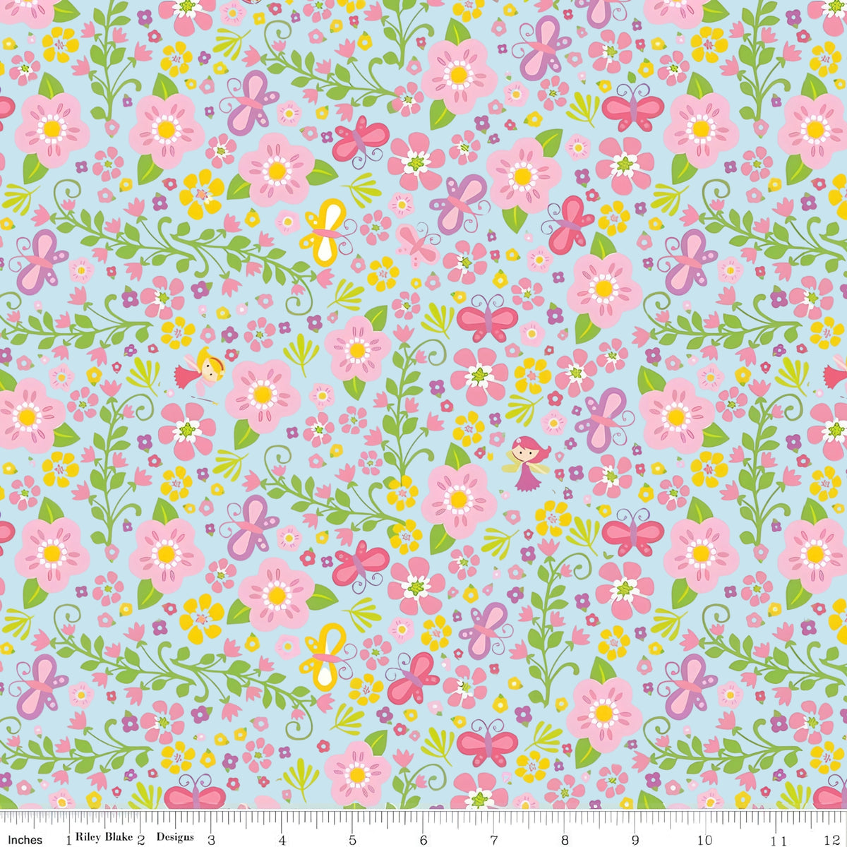 Tiny fairies butterflies pink and yellow flowers and green vines on blue novelty fabric for girls quilts nursery décor and patchwork sewing projects