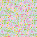 Tiny fairies butterflies pink and yellow flowers and green vines on blue novelty fabric for girls quilts nursery décor and patchwork sewing projects