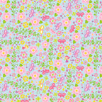 Tiny fairies butterflies pink and yellow flowers and green vines on blue novelty fabric for girls quilts nursery décor and patchwork sewing projects