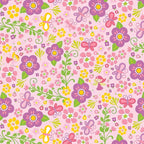 Tiny fairies butterflies purple pink and yellow flowers and green vines on pink novelty fabric for girls quilts nursery décor and patchwork sewing projects