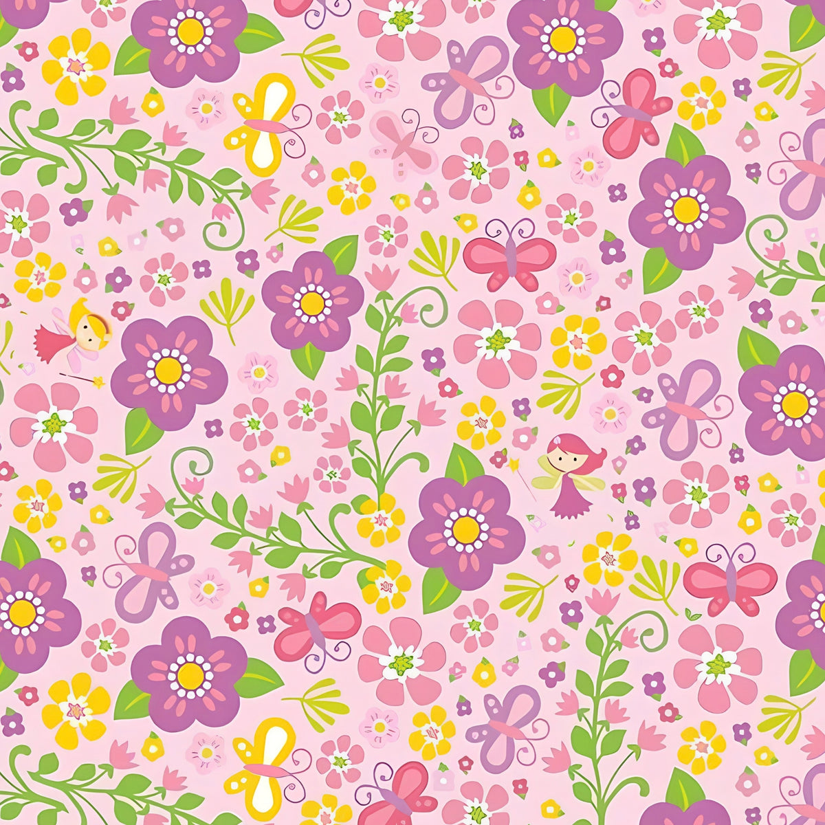 Tiny fairies butterflies purple pink and yellow flowers and green vines on pink novelty fabric for girls quilts nursery décor and patchwork sewing projects